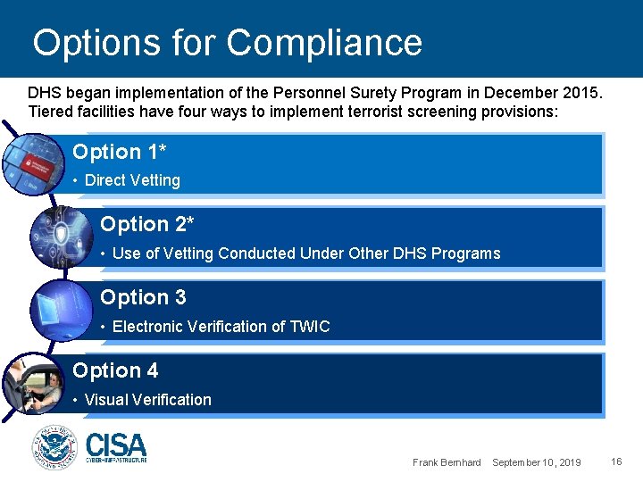 Options for Compliance DHS began implementation of the Personnel Surety Program in December 2015.