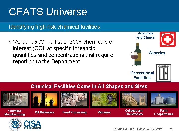 CFATS Universe Identifying high-risk chemical facilities Hospitals and Clinics § “Appendix A” – a