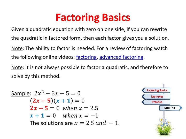  • Factoring Basics Examples Practice Back Out 