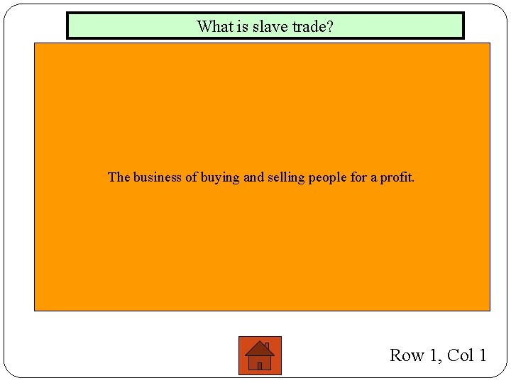 What is slave trade? The business of buying and selling people for a profit.