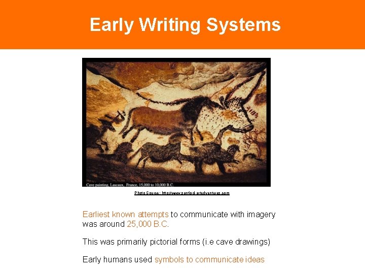 Early Writing Systems Photo Source: http: //www. sanford-artedventures. com Earliest known attempts to communicate