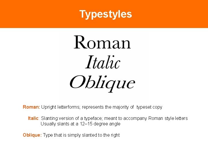Typestyles Roman: Upright letterforms; represents the majority of typeset copy Italic: Slanting version of