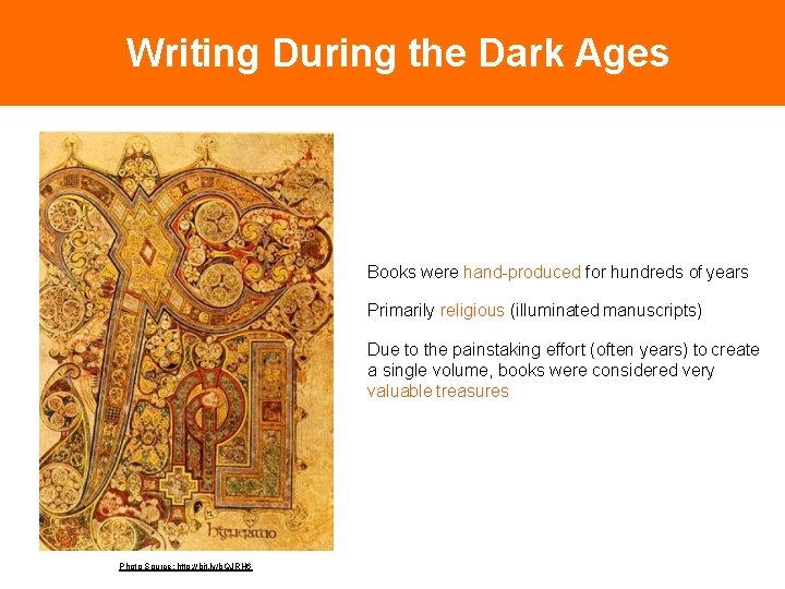 Writing During the Dark Ages Books were hand-produced for hundreds of years Primarily religious