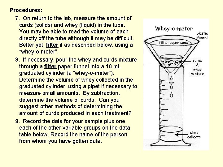 Procedures: 7. On return to the lab, measure the amount of curds (solids) and