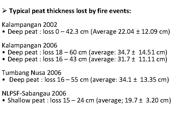 Ø Typical peat thickness lost by fire events: Kalampangan 2002 • Deep peat :