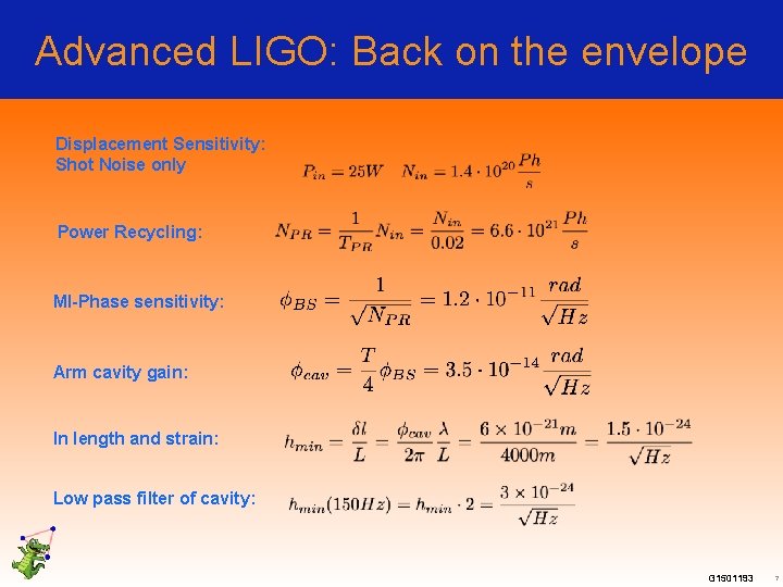 Advanced LIGO: Back on the envelope Displacement Sensitivity: Shot Noise only Power Recycling: MI-Phase