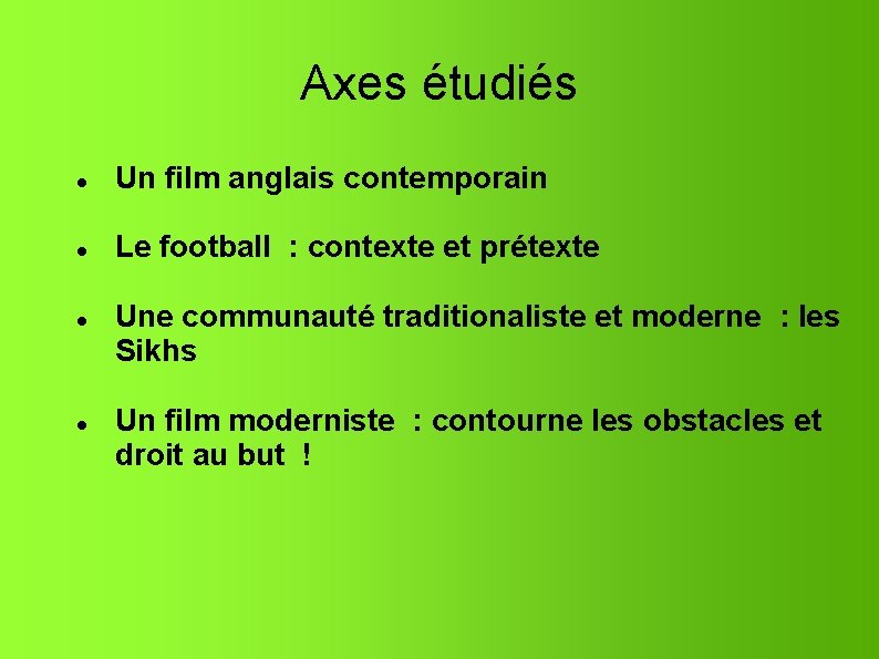 Axes étudiés Un film anglais contemporain Le football : contexte et prétexte Une communauté