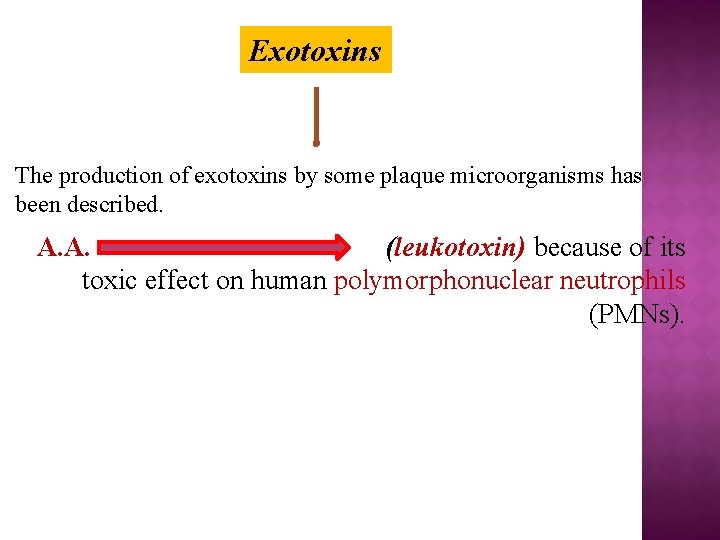 Exotoxins The production of exotoxins by some plaque microorganisms has been described. A. A.