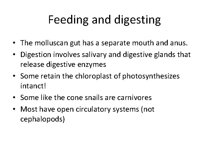 Feeding and digesting • The molluscan gut has a separate mouth and anus. •