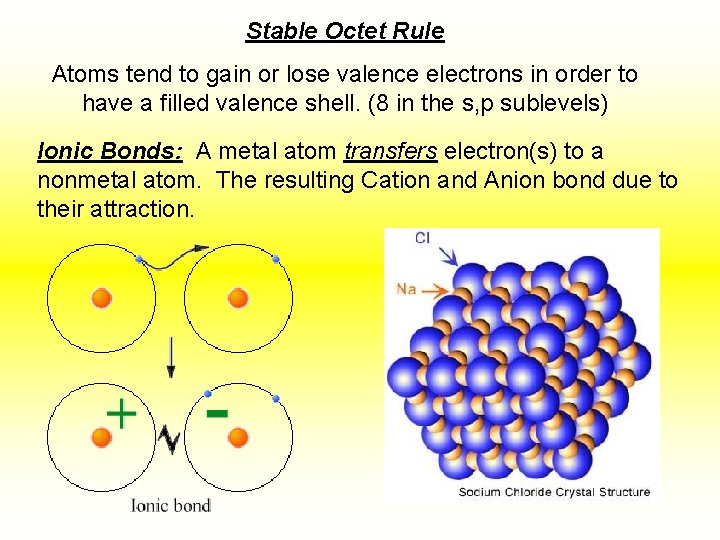 Stable Octet Rule Atoms tend to gain or lose valence electrons in order to