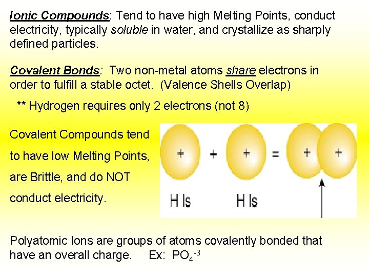 Ionic Compounds: Tend to have high Melting Points, conduct electricity, typically soluble in water,
