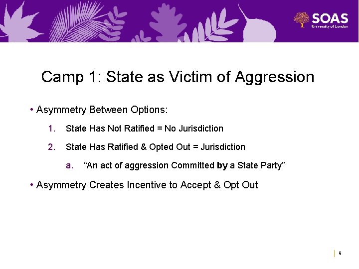 Camp 1: State as Victim of Aggression • Asymmetry Between Options: 1. State Has