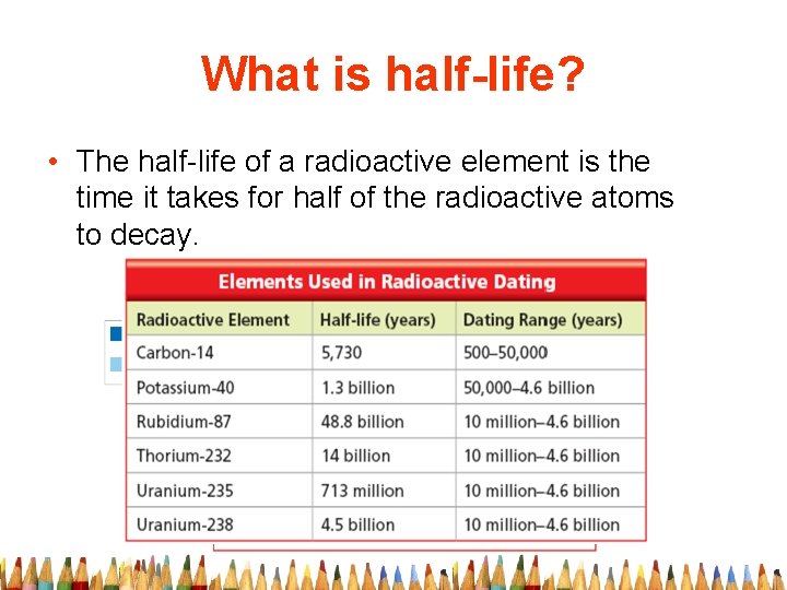 What is half-life? • The half-life of a radioactive element is the time it