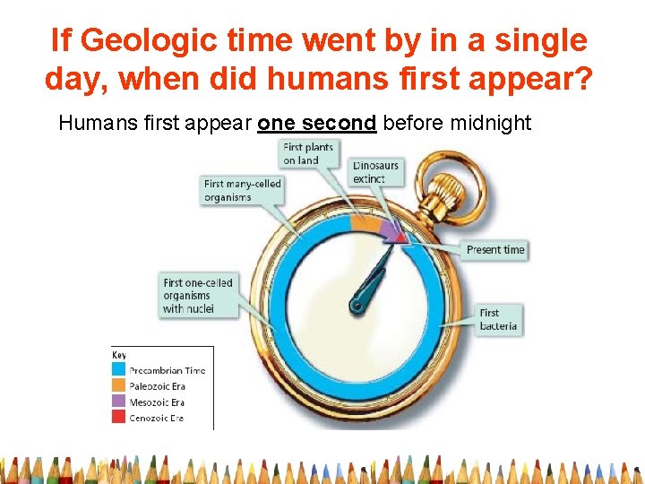 If Geologic time went by in a single day, when did humans first appear?