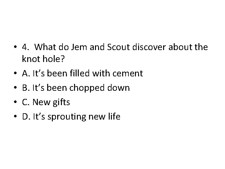  • 4. What do Jem and Scout discover about the knot hole? •