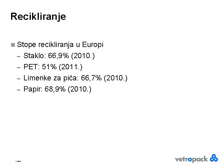 Recikliranje n Stope recikliranja u Europi – Staklo: 66, 9% (2010. ) PET: 51%