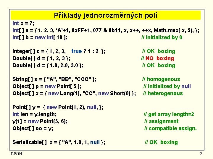 Příklady jednorozměrných polí int x = 7; int[ ] a = { 1, 2,