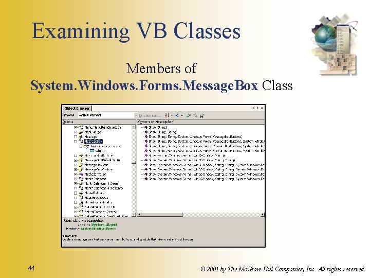 Examining VB Classes Members of System. Windows. Forms. Message. Box Class 44 © 2001
