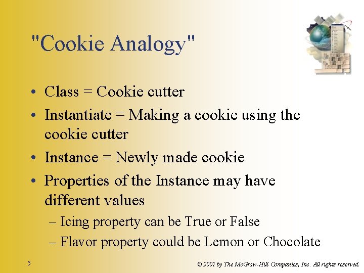 "Cookie Analogy" • Class = Cookie cutter • Instantiate = Making a cookie using
