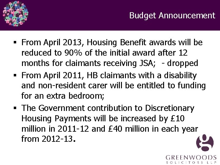 Budget Announcement § From April 2013, Housing Benefit awards will be reduced to 90%