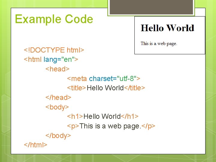 Example Code <!DOCTYPE html> <html lang="en"> <head> <meta charset="utf-8"> <title>Hello World</title> </head> <body> <h