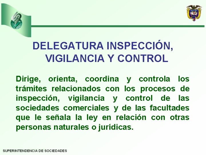 DELEGATURA INSPECCIÓN, VIGILANCIA Y CONTROL Dirige, orienta, coordina y controla los trámites relacionados con