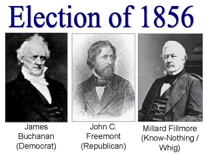 James Buchanan (Democrat) John C. Freemont (Republican) Millard Fillmore (Know-Nothing / Whig) 