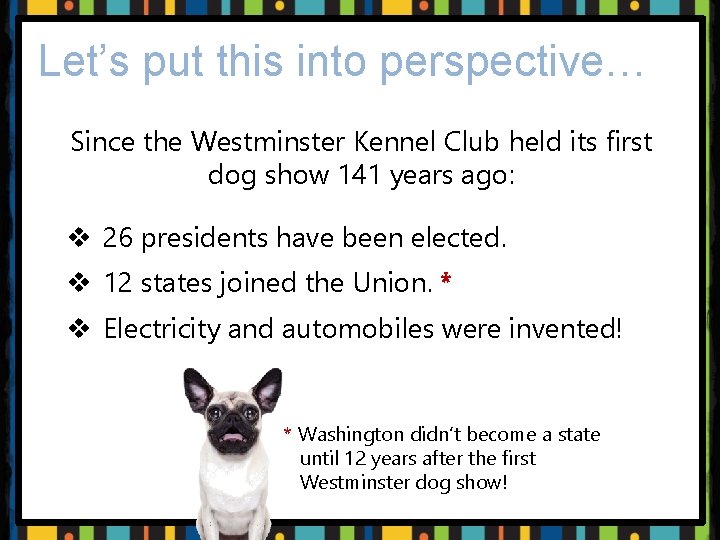 Let’s put this into perspective… Since the Westminster Kennel Club held its first dog