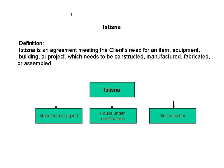 T Istisna Definition: Istisna is an agreement meeting the Client's need for an item,