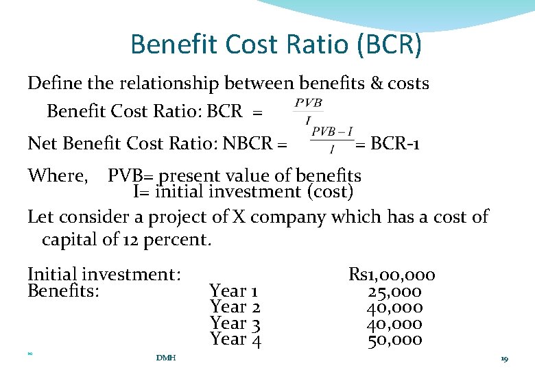 Benefit Cost Ratio (BCR) Define the relationship between benefits & costs Benefit Cost Ratio: