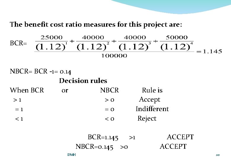 The benefit cost ratio measures for this project are: BCR= NBCR= BCR -1= 0.