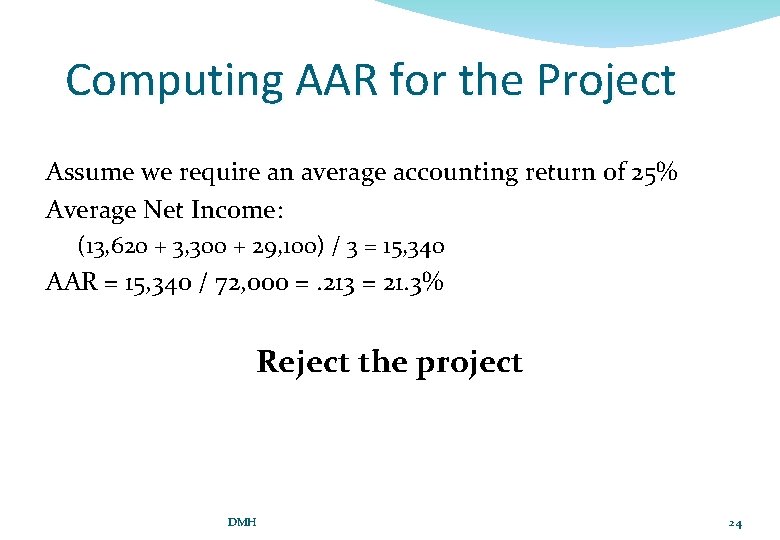 Computing AAR for the Project Assume we require an average accounting return of 25%