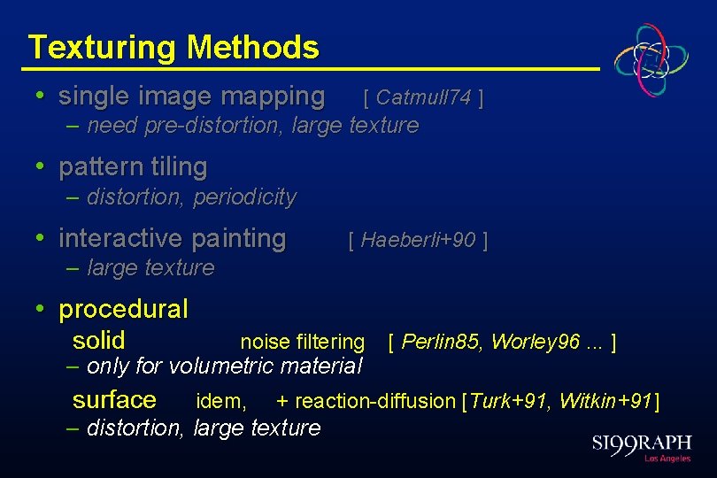 Texturing Methods • single image mapping [ Catmull 74 ] – need pre-distortion, large