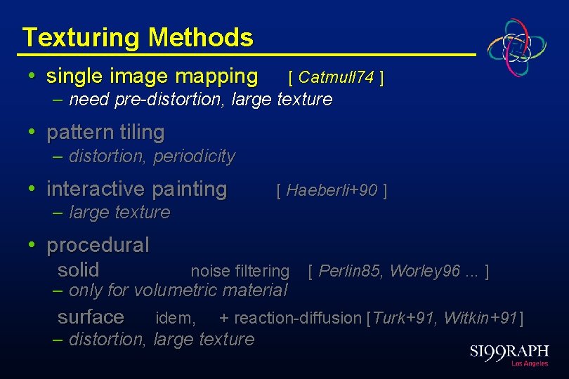 Texturing Methods • single image mapping [ Catmull 74 ] – need pre-distortion, large