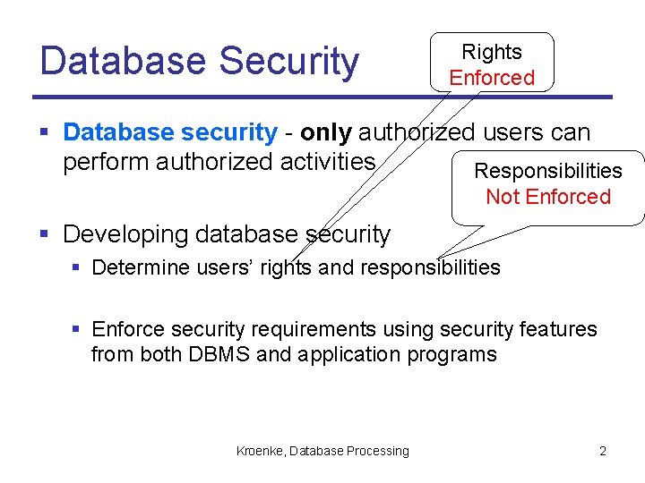 Database Security Rights Enforced § Database security - only authorized users can perform authorized
