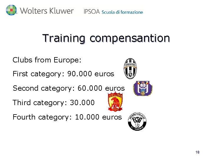 Training compensantion Clubs from Europe: First category: 90. 000 euros Second category: 60. 000