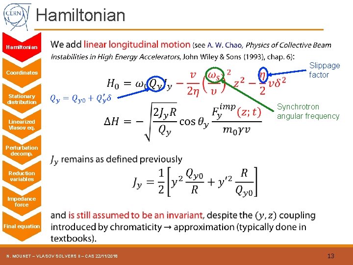 Hamiltonian Slippage factor Coordinates Stationary distribution Linearized Vlasov eq. Synchrotron angular frequency Perturbation decomp.