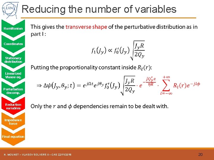 Reducing the number of variables Hamiltonian Coordinates Stationary distribution Linearized Vlasov eq. Perturbation decomp.