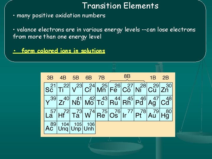 Transition Elements • many positive oxidation numbers • valance electrons are in various energy