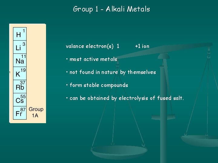 Group 1 - Alkali Metals valance electron(s) 1 +1 ion • most active metals