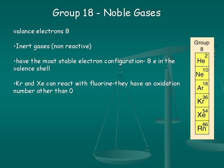 Group 18 - Noble Gases valance electrons 8 • Inert gases (non reactive) •