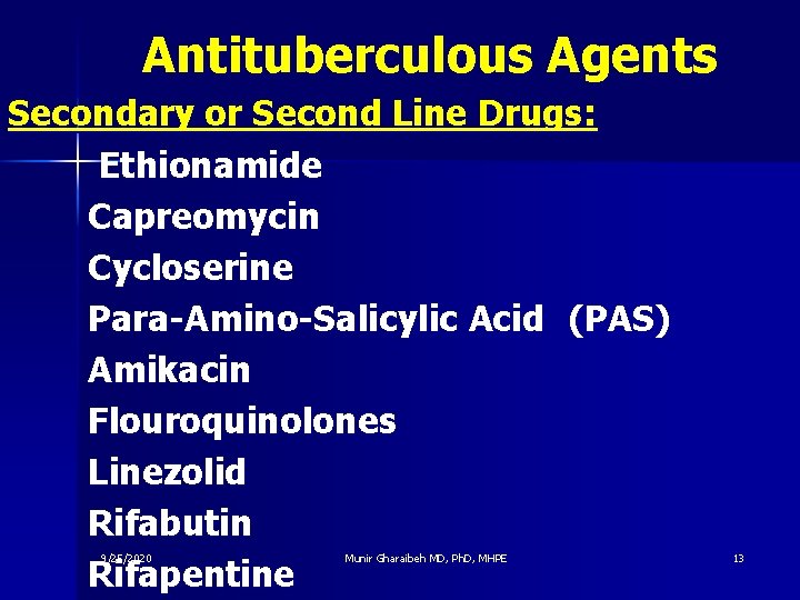 Antituberculous Agents Secondary or Second Line Drugs: Ethionamide Capreomycin Cycloserine Para-Amino-Salicylic Acid (PAS) Amikacin