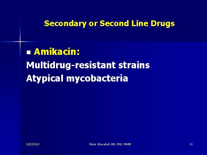 Secondary or Second Line Drugs Amikacin: Multidrug-resistant strains Atypical mycobacteria n 9/25/2020 Munir Gharaibeh