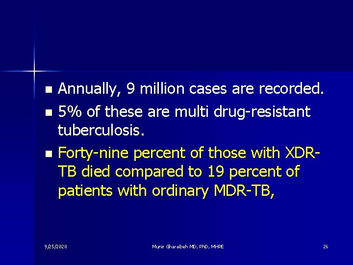 Annually, 9 million cases are recorded. n 5% of these are multi drug-resistant tuberculosis.