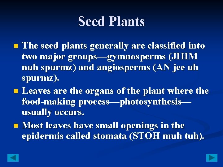 Seed Plants The seed plants generally are classified into two major groups—gymnosperms (JIHM nuh