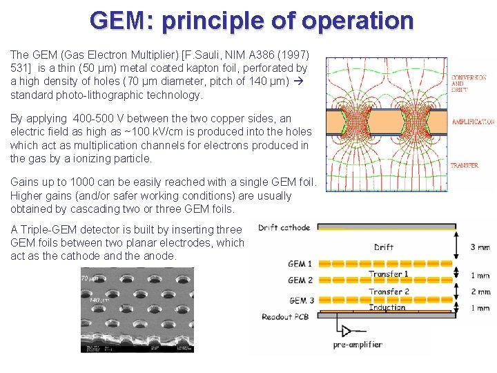 GEM: principle of operation The GEM (Gas Electron Multiplier) [F. Sauli, NIM A 386