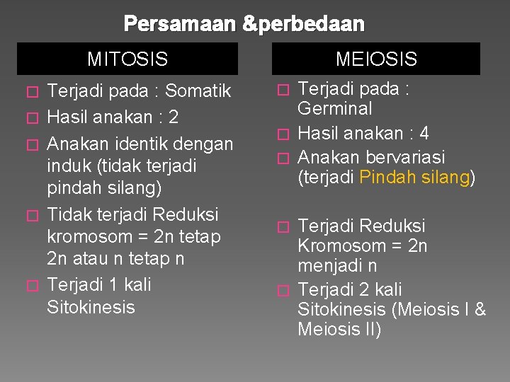 Persamaan &perbedaan MITOSIS � � � Terjadi pada : Somatik Hasil anakan : 2