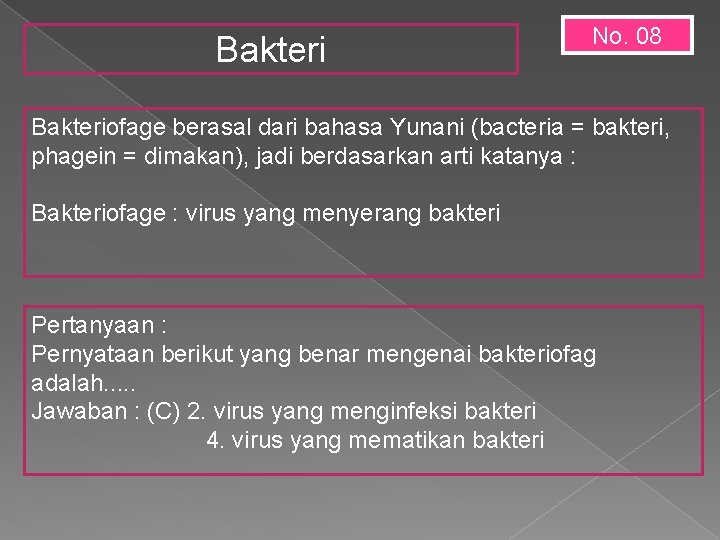 Bakteri No. 08 Bakteriofage berasal dari bahasa Yunani (bacteria = bakteri, phagein = dimakan),