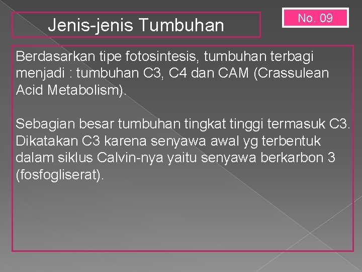 Jenis-jenis Tumbuhan No. 09 Berdasarkan tipe fotosintesis, tumbuhan terbagi menjadi : tumbuhan C 3,