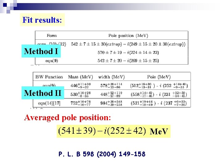 Fit results: Method II Averaged pole position: Me. V P. L. B 598 (2004)